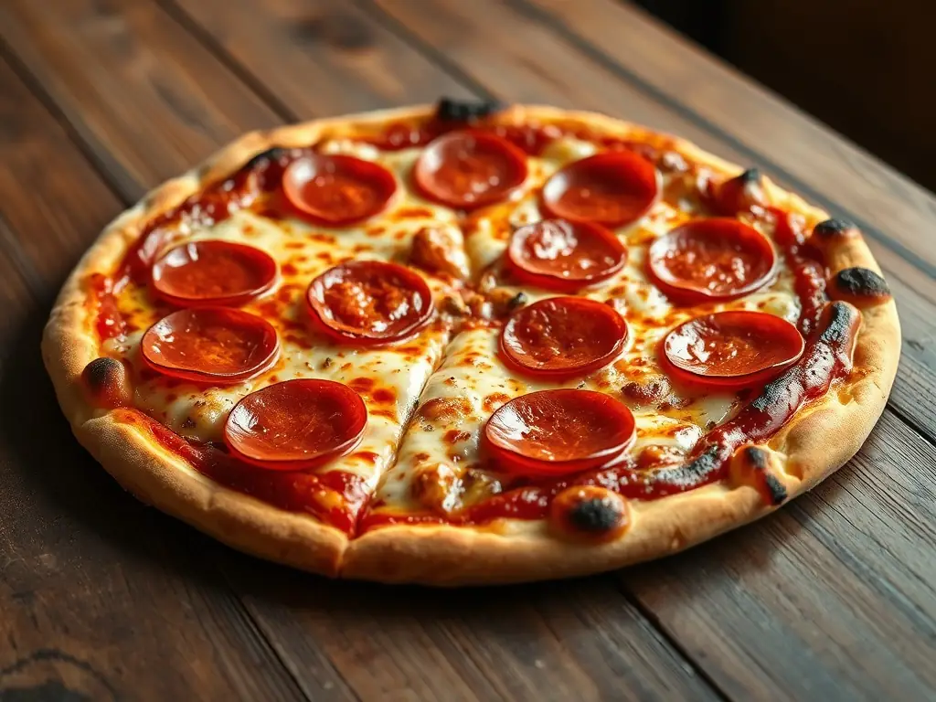 A close-up shot of a freshly baked classic pepperoni pizza with melted cheese and crispy pepperoni slices, showcasing the quality and deliciousness of Pizza 73's classic offerings.
