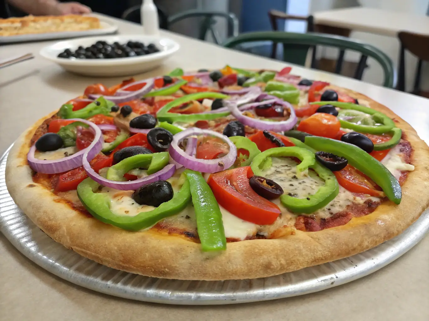 A colorful and appetizing vegetarian pizza topped with fresh vegetables such as bell peppers, mushrooms, onions, and olives, emphasizing the healthy and flavorful options available at Pizza 73.