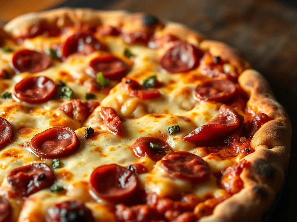 A mouth-watering image of melted mozzarella and cheddar cheese blend, oozing over a freshly baked pizza crust, highlighting the cheesy topping options at Pizza 73.