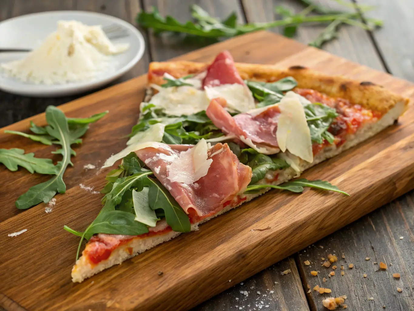A close-up shot of freshly sliced pepperoni, mushrooms, and green peppers, arranged artfully on a wooden cutting board, ready to be used as pizza toppings at Pizza 73.