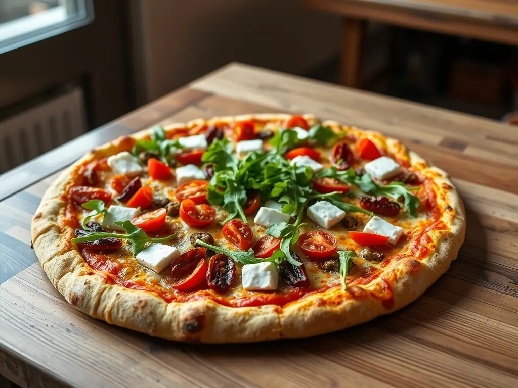 A vibrant image of a gourmet pizza with unique toppings such as artichoke hearts, sun-dried tomatoes, and feta cheese, highlighting the sophisticated flavors of Pizza 73's gourmet options.