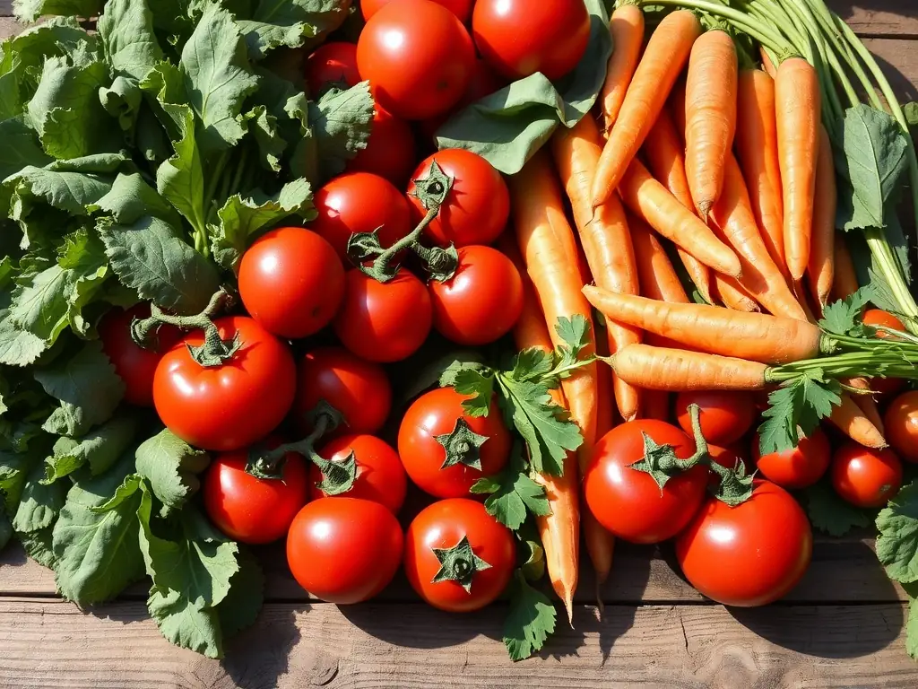 A vibrant image showcasing a variety of colorful vegetables such as bell peppers, onions, tomatoes, and spinach, representing the fresh vegetable toppings available at Pizza 73.